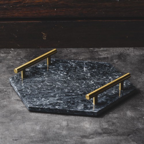 Brewsuniq - Hexagon Marble Platter Gold Handle 11.6" / dekorasi marmer