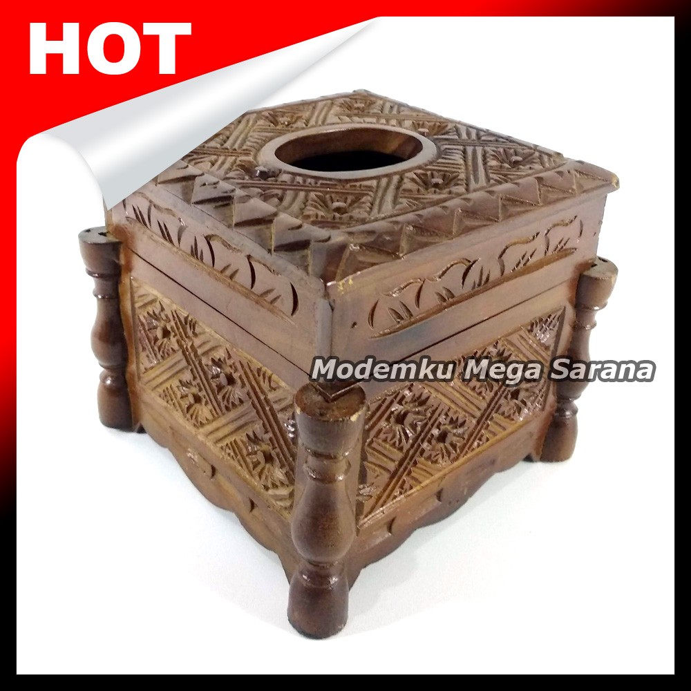 Tempat Tissue Kayu Jati Ukir Klasik 14x14x13 cm Tempat Tisu