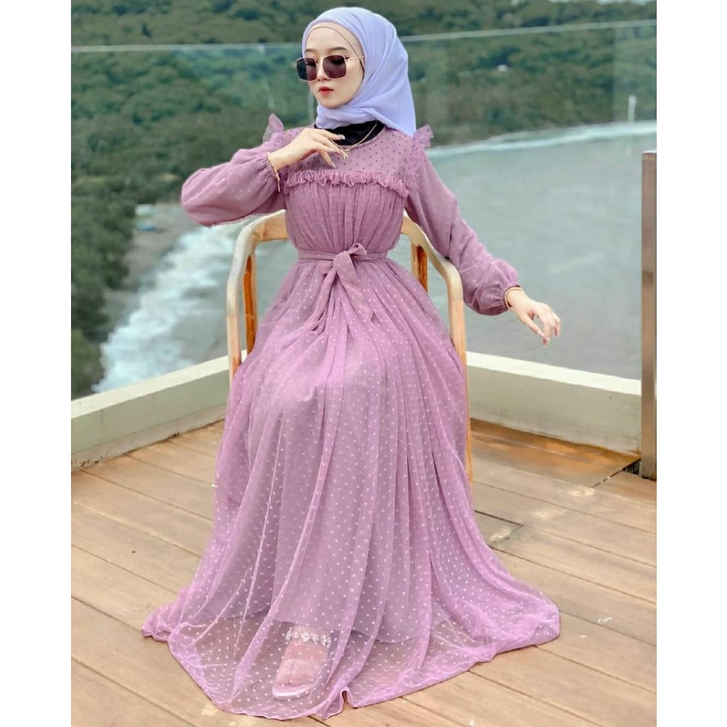 Long Dress Pesta Party Wanita Muslim Fashion Remaja Dress Brukat Furing Ikat Pinggang Marbela Dress