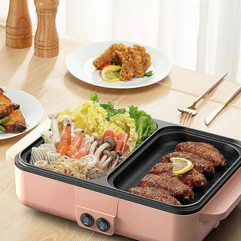 Panci Elektrik 2 In 1 Fleco 601 BBQ Dan Steamboat Peralatan Masak Mini Elektrik Baking Pot