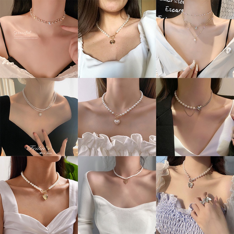 AY(CN) Kalung Multilayer Liontin Kupu-Kupu Mutiara Bentuk Hati Bulat Warna Emas Perak Gaya Retro Untuk Wanita