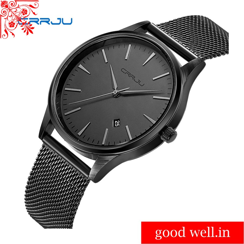JAM TANGAN PRIA ORIGINAL CRRJU CASUAL RANTAI PASIR 2135 ANTI AIR HITAM - SILVER