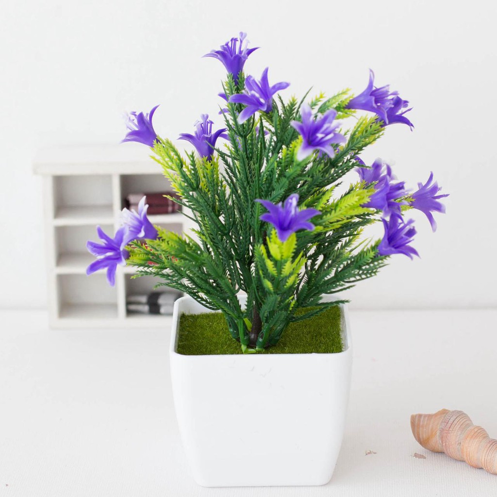 AM816 Bunga Plastik / Pajangan Bunga Artificial / Vas Kecil Segi4-Biru