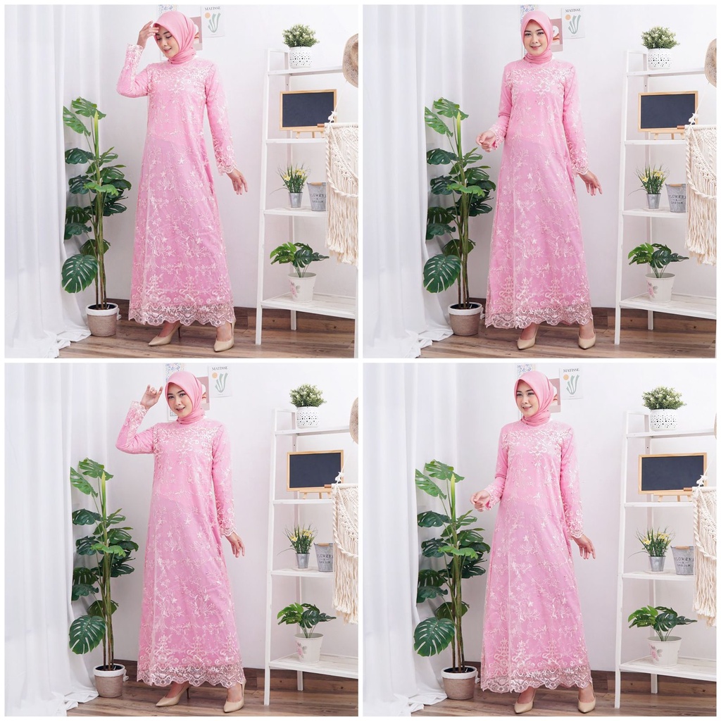 GAMIS BELLA FULL BRUKAT TILE BORDIR MUTIARA GLITTER MAXI DRESS PESTA MUSLIM