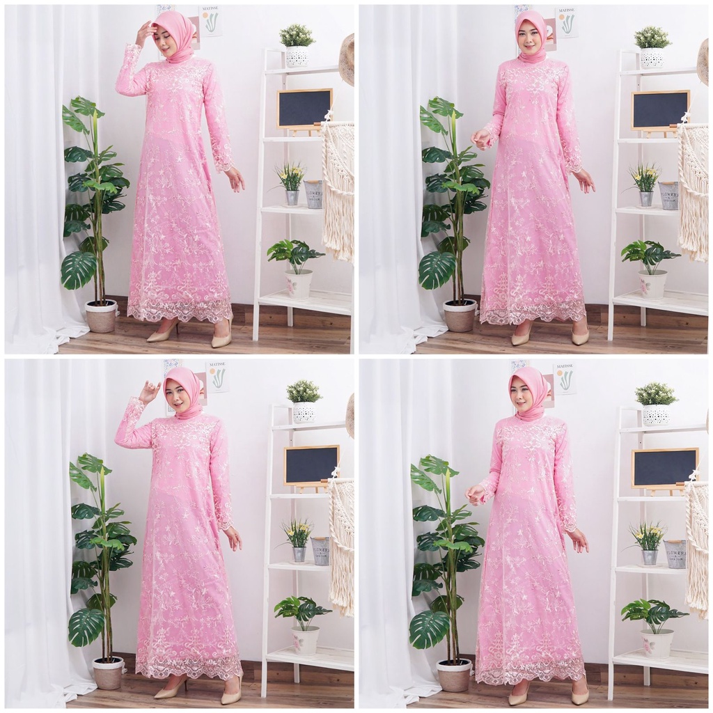 (FULL BRUKAT TILE) GAMIS BELLA FULL BRUKAT TILE BORDIR MUTIARA GLITTER MAXI DRESS PESTA MUSLIM