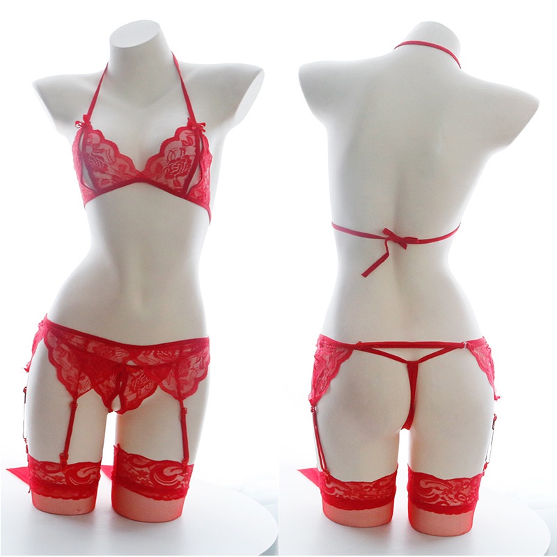 Lingerie Bikini Set Hot Sexy Open Crotch G String transparan Garter belt dan Stoking 3/T06