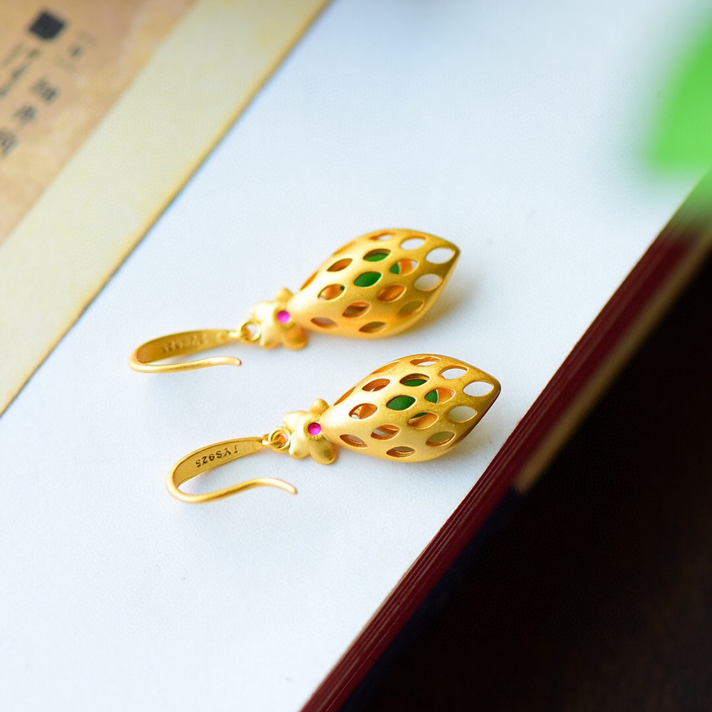 Goldkingdom Perhiasan Fashion Emas Asli Kadar 375 Bangkok Aksesoris Ready Stock Gaya Cina Berlapis Emas Hijau Hetian Giok Jasper Wanita Gaya Ibu Anting Vintage