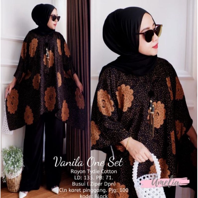 Setelan Wanita Jumbo Ld 140 Big Size Set Vanila Fashion Modern One Set Tiedye Hitam