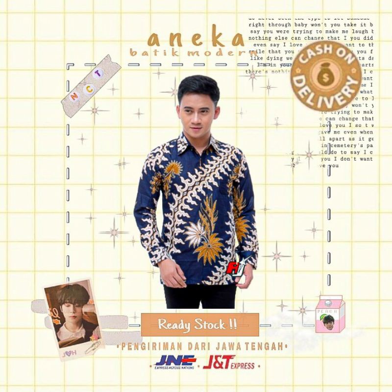 KEMEJA HEM ATASAN BATIK PRIA COWOK LENGAN PANJANG WARNA NAVI NAVY BIRU DONGKER MIX PUTIH XXL KANTOR