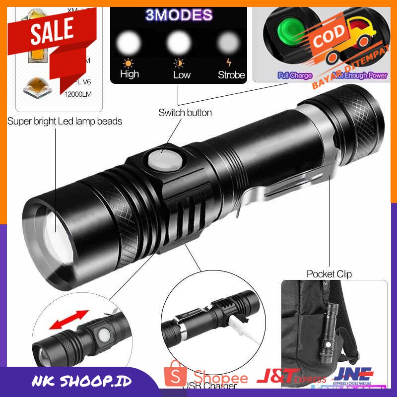 Pocketman Senter LED USB Rechargeable XML-T6 6200 Lumens 10W - P15