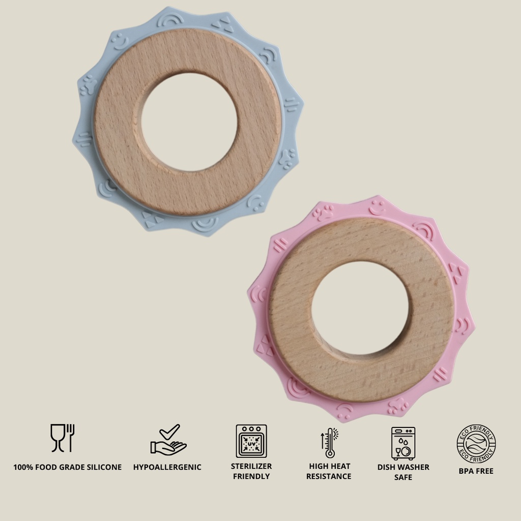 WOODEN - SILICONE BABY TEETHER SUN RING