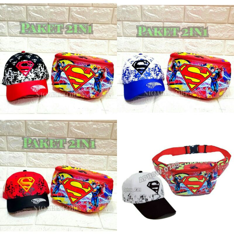 paket 2in1 superman tas slempang anak topi anak bordir full print waistbag anak topi anak