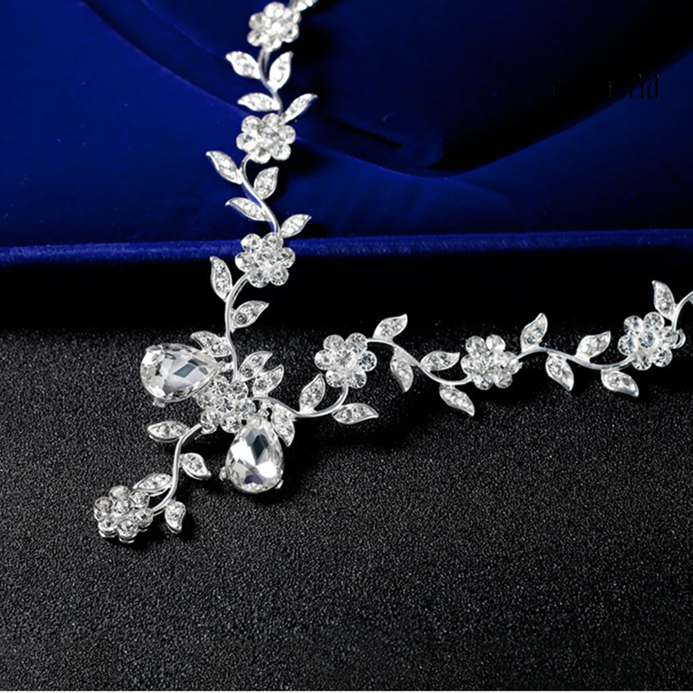 OW@ Women Rhinestone Leaves Flower Necklace Stud Earrings Wedding Bridal Jewelry Set