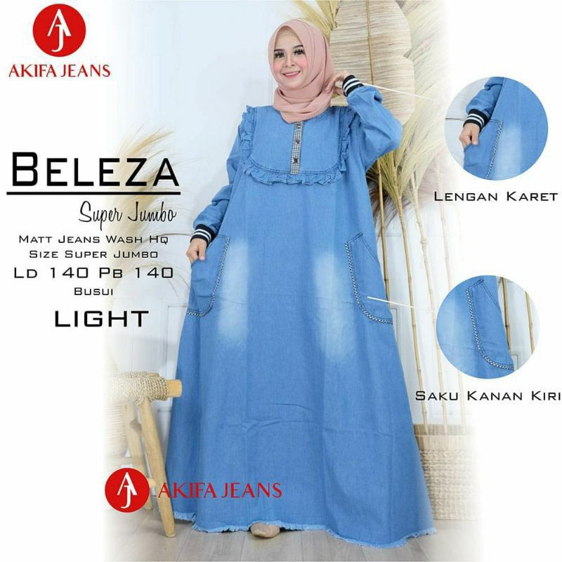 Gamis Jeans Super Jumbo Beleza Gamis Wanita Gamis syari Bahan full Jeans Wash hq Ori LD 140-Beleza light