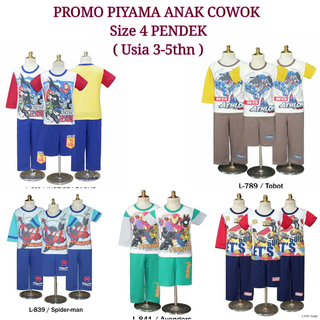 Piyama Baju Tidur Setelan Pendek Kartun Robot Super Hero Anak Cowo Size 2 dan 4