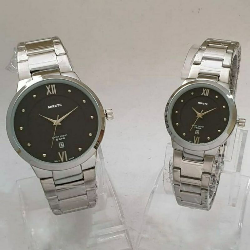 Free Box !!! Jam Tangan Couple Anti Air Import Mirete Original Full Black Pria &amp; Wanita | Tanggal Aktif _ Rantai Stainlees Stel