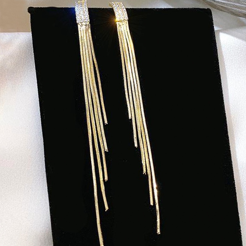 Anting Rumbai Panjang Aksen Berlian Imitasi Gaya Korea