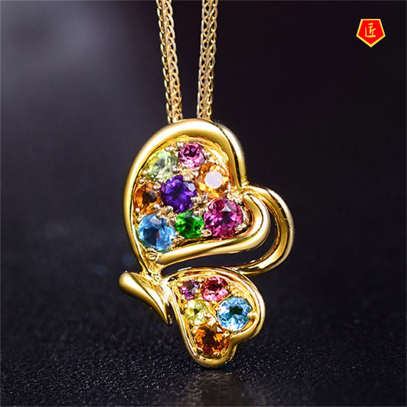 [Ready Stock]Colorful Gem Love Heart Pendant Gold Butterfly Necklace Fashion