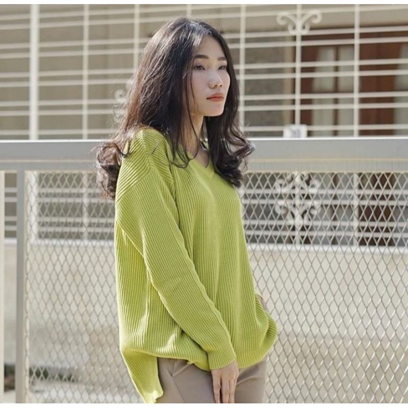 BOXY V NECK Rajut Premium Halus Sweater Rajut Boxy Muat XL-Avocado Boxy V