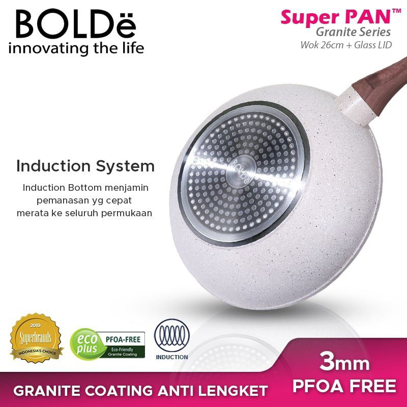 Super PAN WOK ( WAJAN ) 26 cm + GLASS LID Granite Beige Series Original BOLDe
