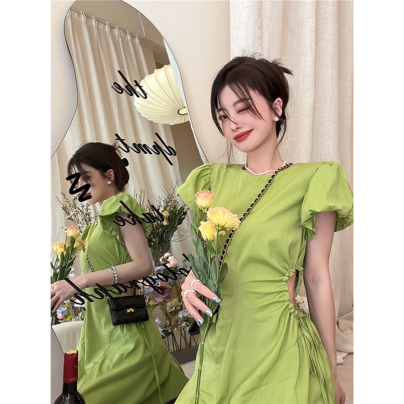 Mini Dress Hijau Lengan Pendek Gaun Wanita Musim Panas Gadis Panas Serut Hollow Puff Lengan A-line P