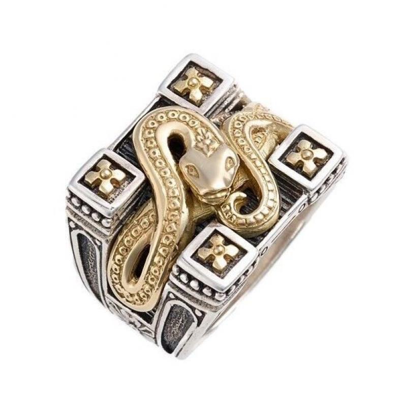 Cincin Desain Ular Bahan Stainless Steel Lapis Emas Gaya Rock Untuk Pria