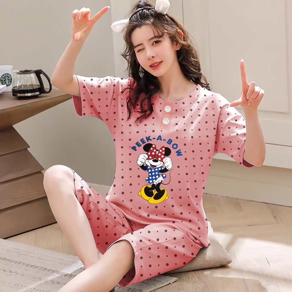 Lilipop.id  Baju Tidur Wanita 3/4 All Size Standar Peek a Bow Setelan Piyama BabyDoll Kaos Celana Pendek