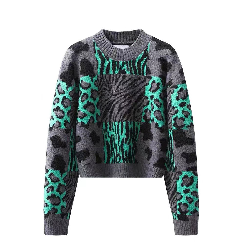 Pakaian Rajut Wanita Musim Gugur Dan Musim Dingin Baru Leopard Print Pullover Sweater Rajutan Leher