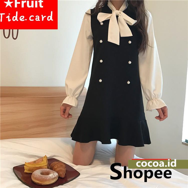 Dress Retro Chic Elegan Lengan Panjang Desain Sambungan Aksen Simpul Pita Gaya Korea untuk Wanita