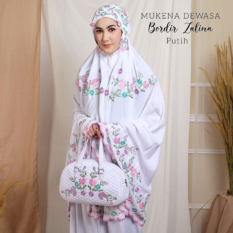 Mukena Dewasa Bordir Bahan Rayon Premium Adem Bunga Cantik Tas Travel Traveling Zalina Putih
