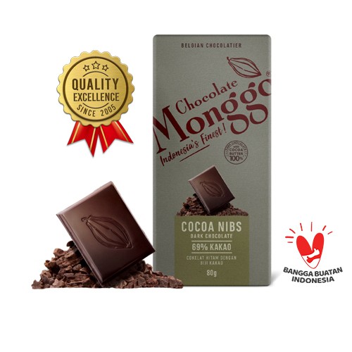 

Chocolate Monggo | Cocoa Nibs & Dark Chocolate 69% Cocoa 80gr | Coklat Murni 100% Cocoa butter | Biji Kakao & Cokelat Hitam