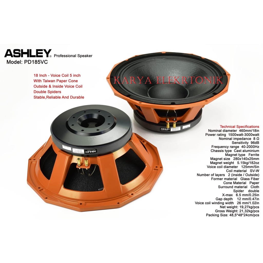 KOMPONEN SPEAKER ASHLEY PD 185 VC  PD185VC 18 INC COMPONENT ORANGE  ORIGINAL