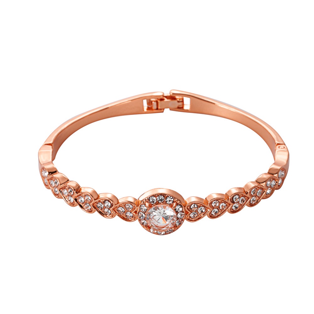 (MHANG) Gelang Tangan Rantai Rose Gold Aksen Hati + Berlian Imitasi Untuk Perhiasan Wanita