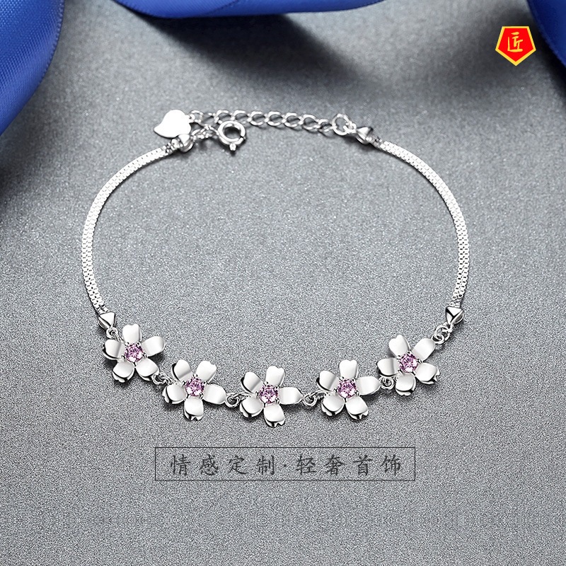 [Ready Stock]925 Silver Inlaid Pink Diamond Cherry Blossom Bracelet