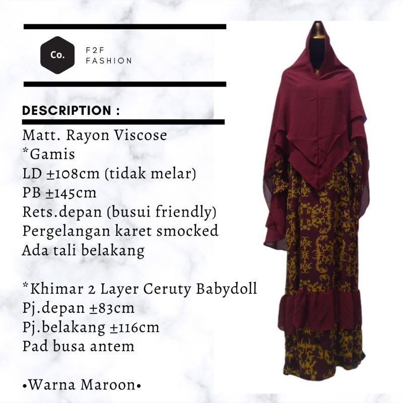GAMIS BUSUI SYAR'I MOTIF SULTAN RAYON VISCOSE SET KHIMAR 2 LAYER CERUTY BABYDOLL