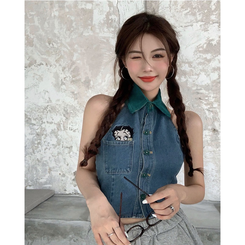 Saku Kancing Kerah Tanpa Lengan Pendek Denim Bordir Kecil Tank Top Wanita