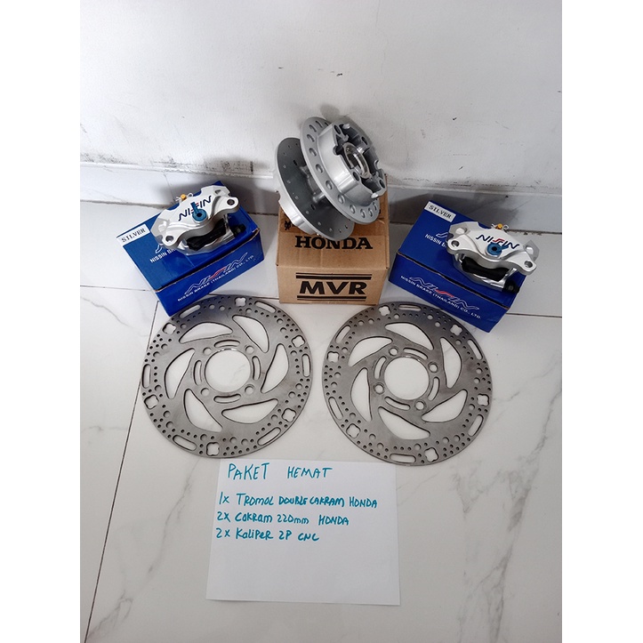 tromol teromol depan double disc/piringan cakram 220mm set kaliper 2P warna silver untuk Honda Matic