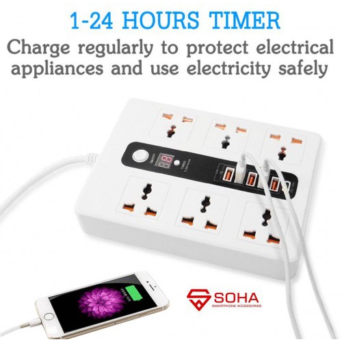 SOHA BKL-11 Stop Kontak Pakai Waktu / Power Socket Timer + 5 USB Port 3.4A &amp; Qualcomm Multi Port