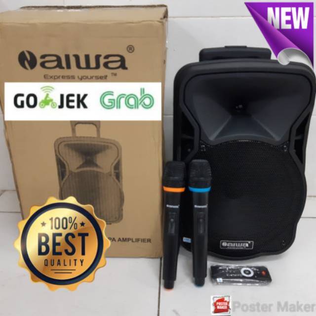 SPEAKER PORTABLE AIWA 10 INCH BONUS 2 MIC WIRELESS PEGANG2 ORIGINAL