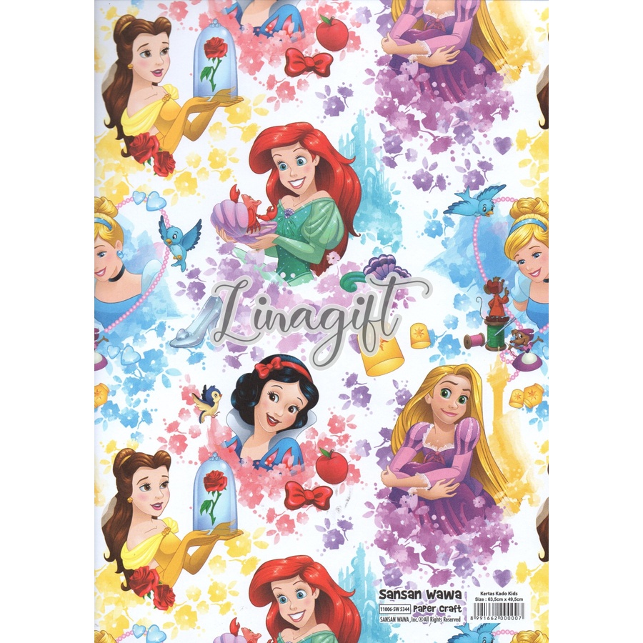 ( 5 Lembar ) PRINCESS SANWA - KERTAS KADO WALT DISNEY - GIFT WRAP PAPER SANSAN WAWA SNOW WHITE RAPUNZEL BELLE JASMINE AURORA CINDERELLA FROZEN ELSA ANNA ARIEL MERMAID ALADDIN SNOW WHITE