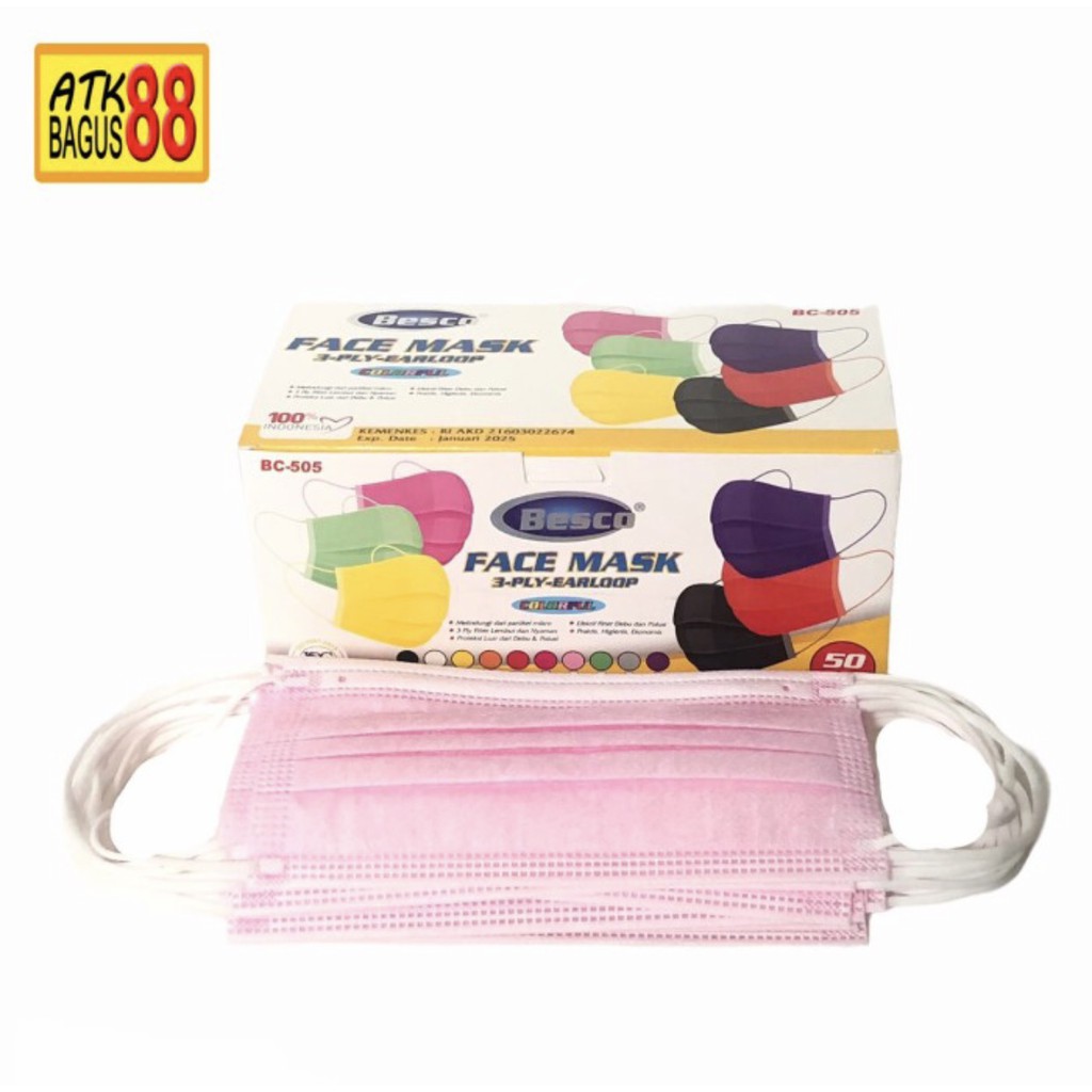 FACE MASK 3 PLY EARLOOP /1pack MASKER MEDIS BESCO WARNA PINK TERMURAH