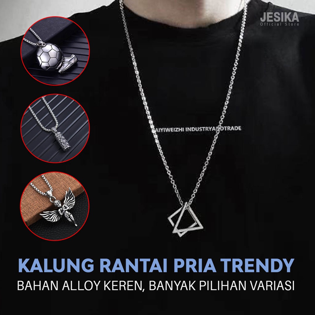 Kalung pria keren kekinian hip hop rantai panjang warna silver liontin bintang bulan coca cola bulu burung kotak segitiga