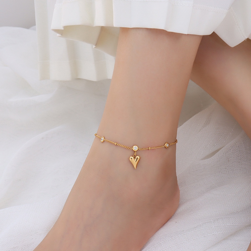 Korean 18K Gold Titanium Steel Anklet Female Crystal Heart Pendant Colorless Anklet