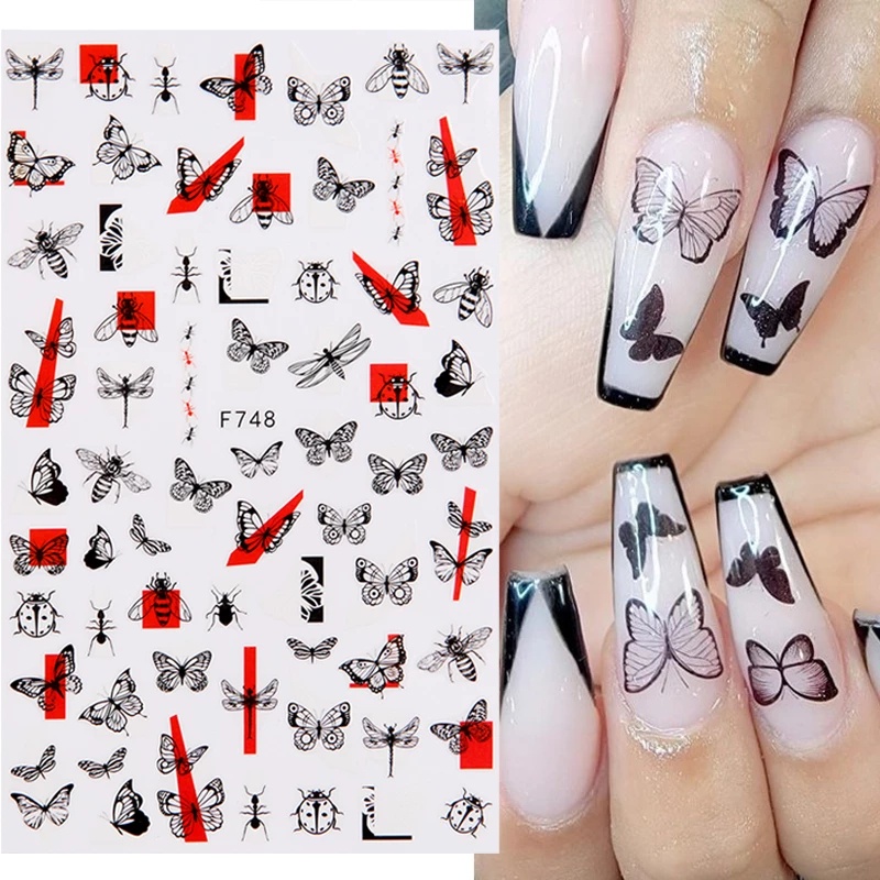 1 Lembar Stiker Kuku 3D Motif Bunga / Kupu-Kupu / Huruf / Geometri Warna Hitam / Putih Untuk Nail Art DIY