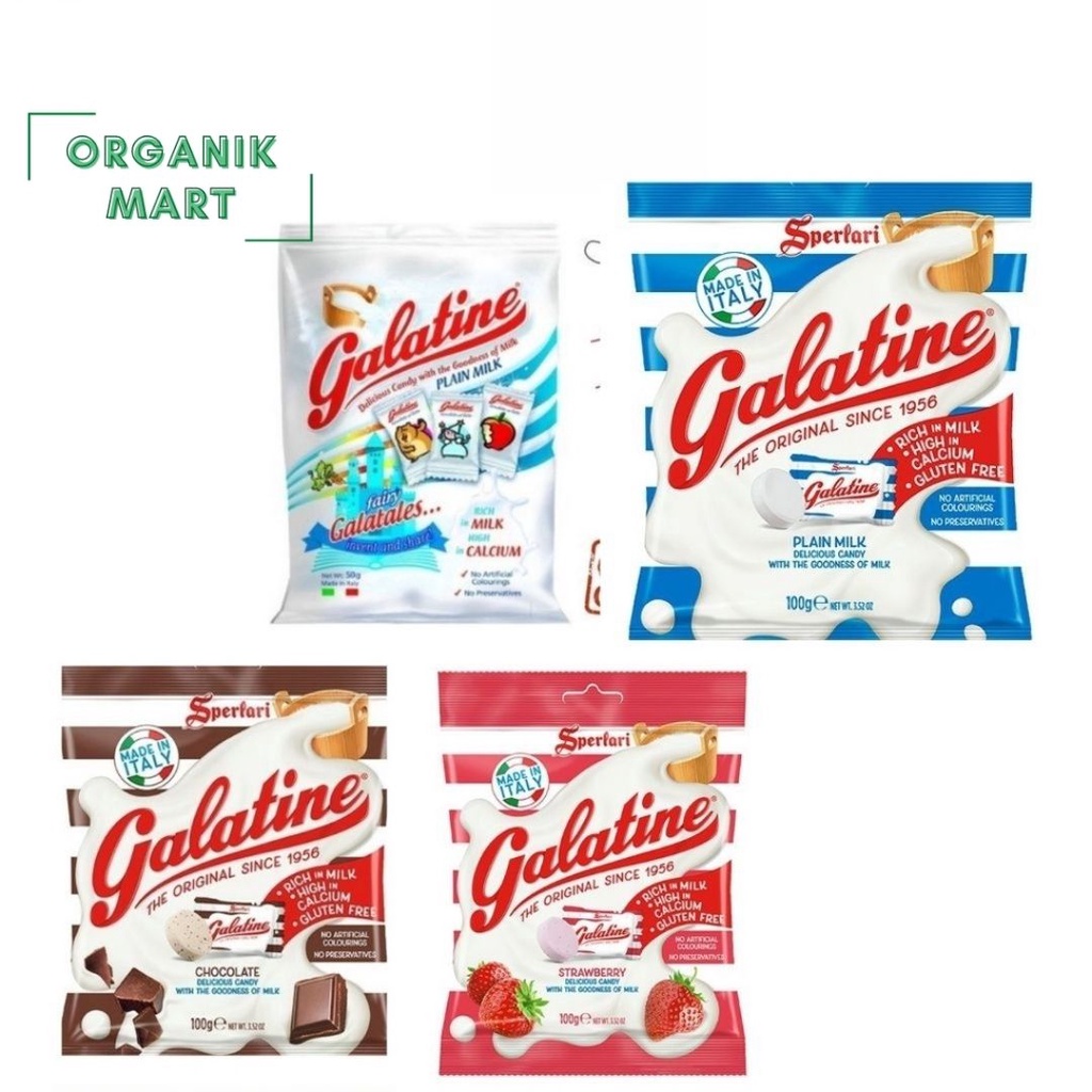 

Galatine plain milk Candy 50 g ; Galatine Plain Milk 100 g ; Galatine Chocolate 100 g ; galatine strawberry 100 g - No preservatives - yumearth