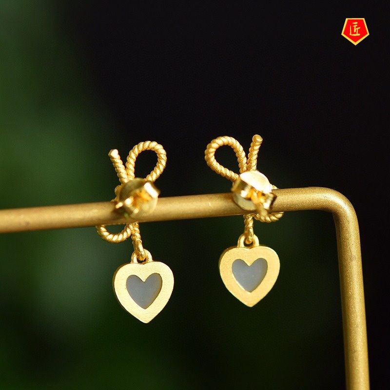 [Ready Stock]Heart-Shaped Jade Gold Graceful Bow Earrings