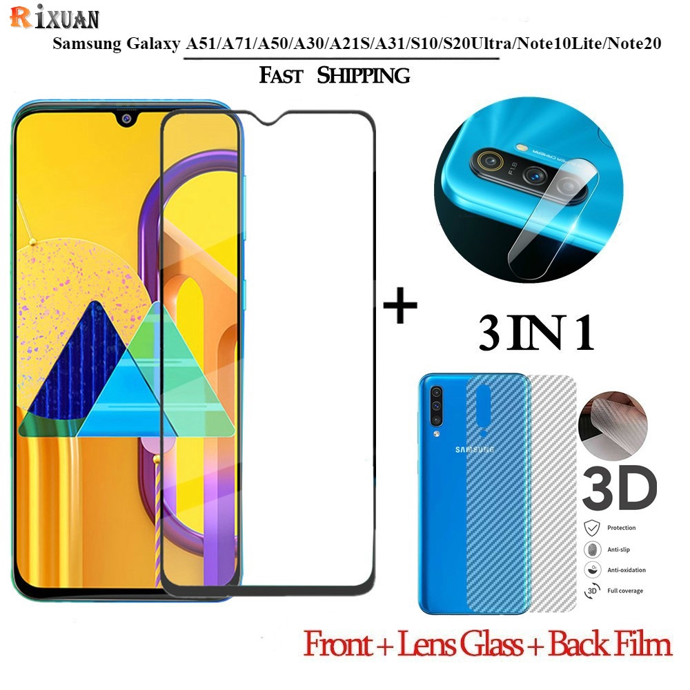 3 in 1 Tempered Glass Pelindung Layar Samsung A03 A02s A12 A10S A11 A71 A51 A50S A21S A31 S20 Ultra S10 Lite Note 10 Lite Note 20 Ultra