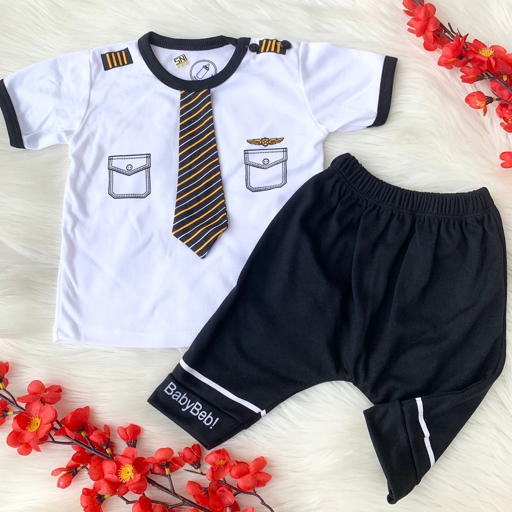 Baju setelan kaos putih celana pergi jalan lucu bestseller fashion anak bayi cowok laki murah -lit