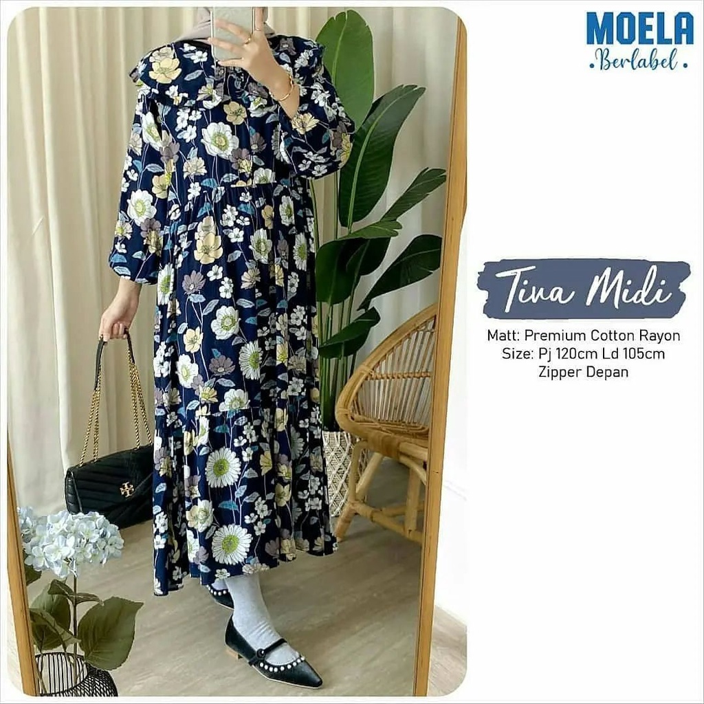 Tiva Midi Dress Rayon Ld 110 cm Gamis Motif Bunga Premium Homey Dress