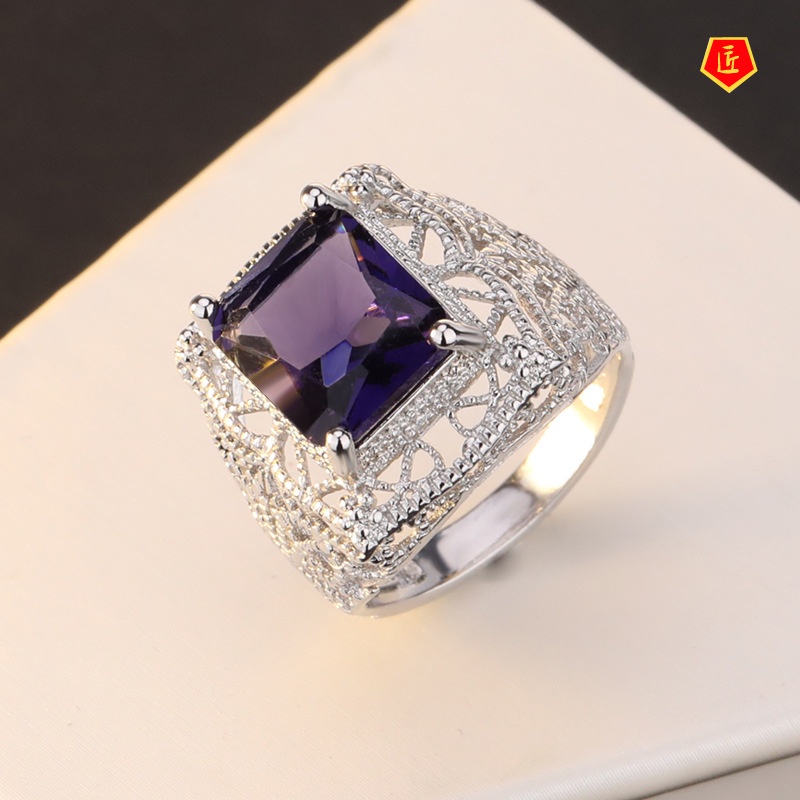 [Ready Stock]Elegant Vintage Hollow Silver Pink Diamond Amethyst Topaz Ring